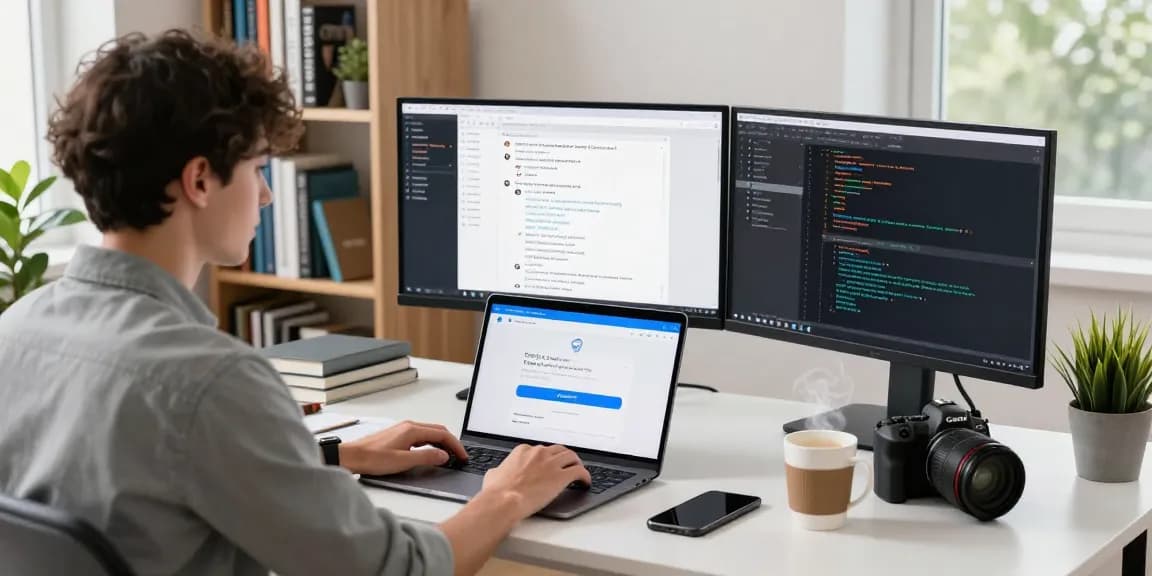 Engaging workspace with a young professional focused on Telegram download, showcasing tech-savvy environment.