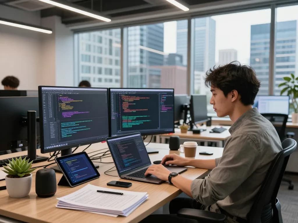 Software engineer using hbet development tools in a modern office, showcasing coding on dual monitors with vibrant interface.