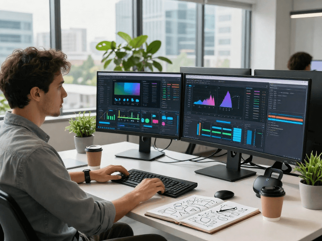 Espaço de trabalho moderno com profissional analisando dados multicanais em monitores.