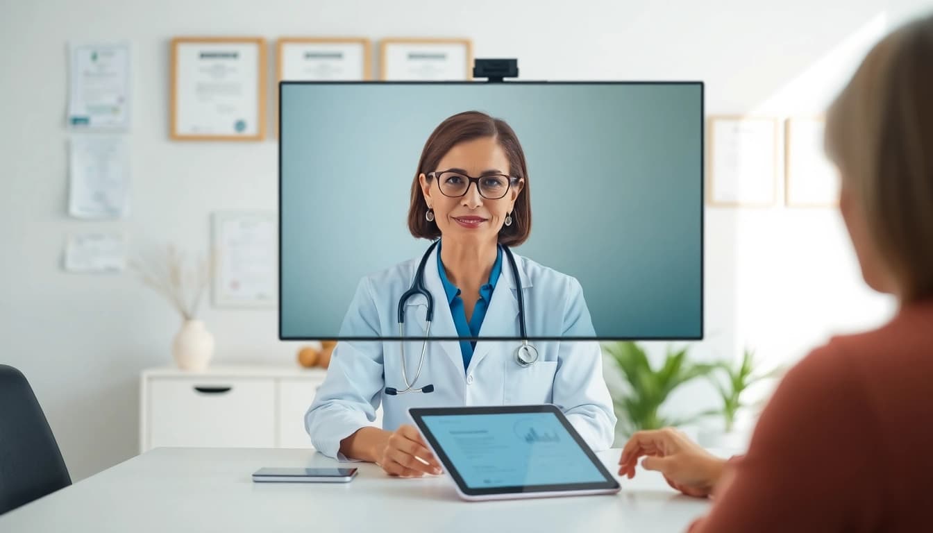 Engage in an affordable online doctor consultation with a reassuring doctor in a modern office environment.