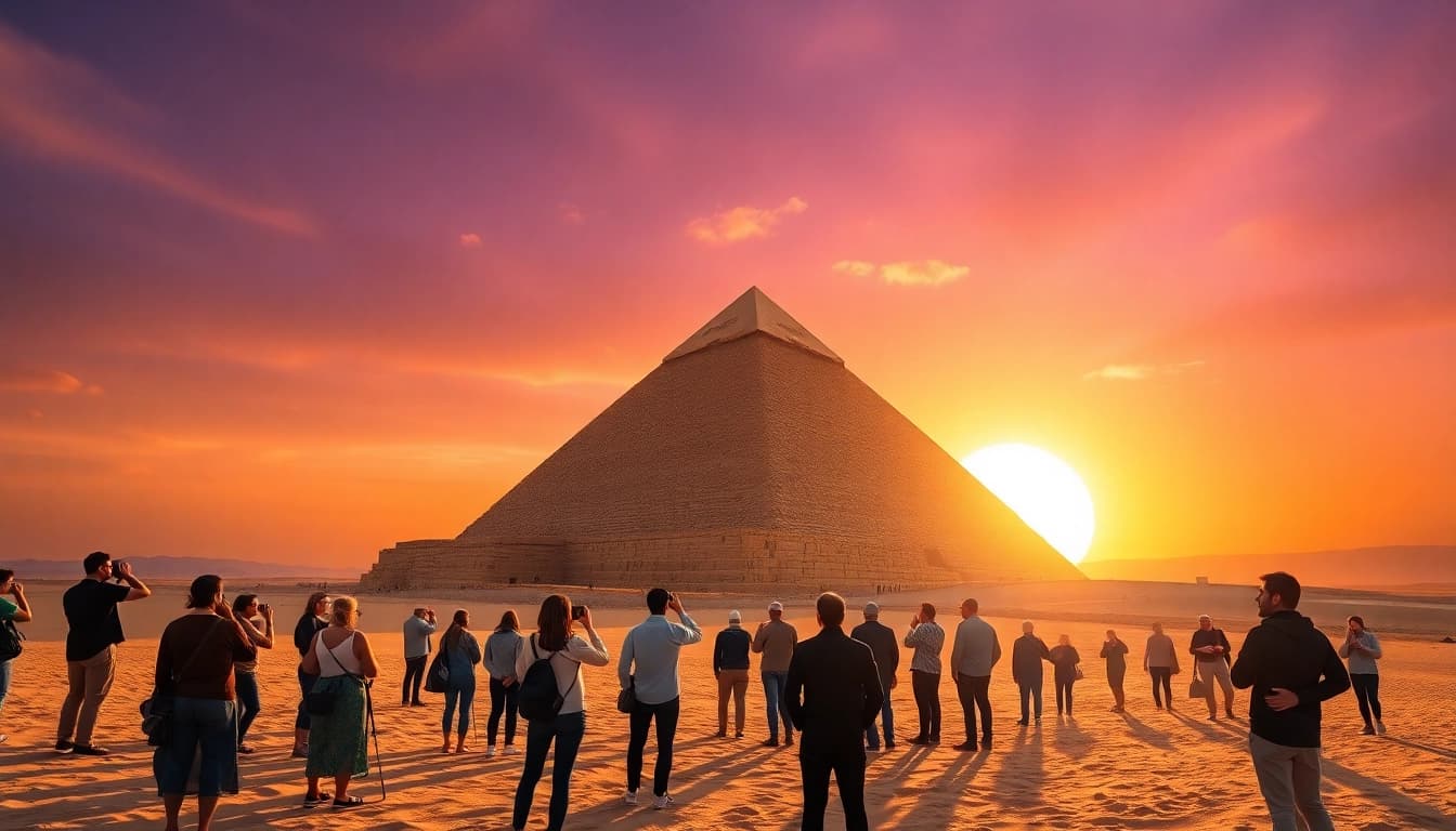 Los piraminds en Giza brillan mientras los turistas admiran su grandeza al atardecer.