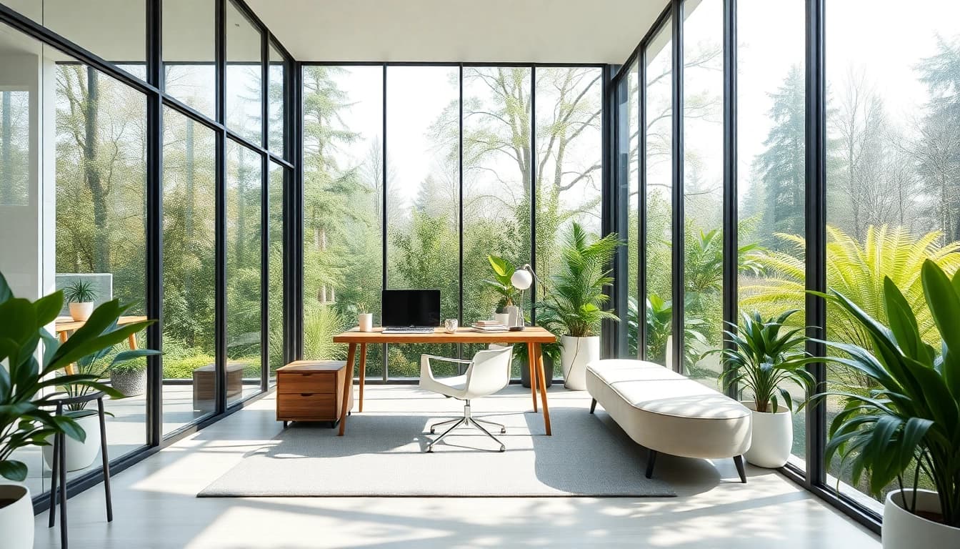 Wintergarten als Buero: Stylish and natural home office setup in a modern winter garden.