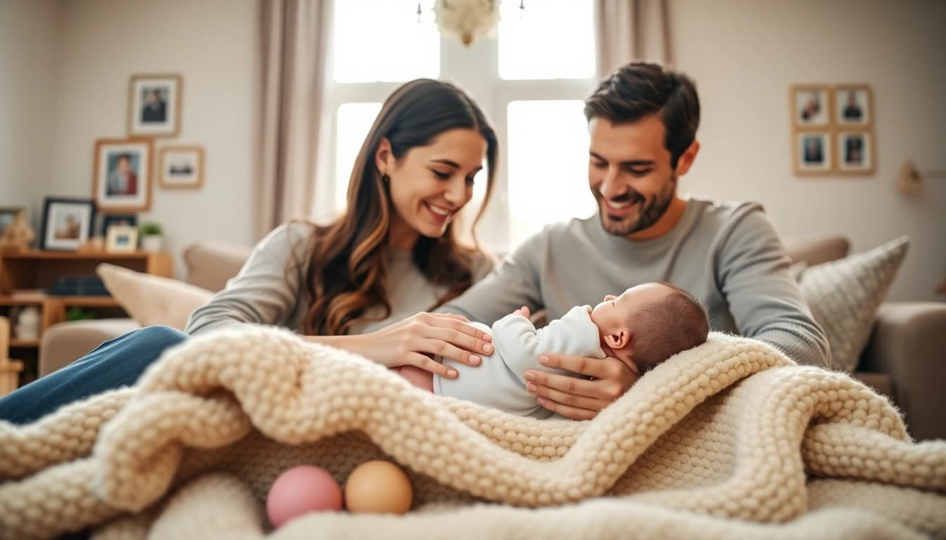 Family with new bornbaby enjoying a tender moment in a cozy living room, radiating warmth and love.
