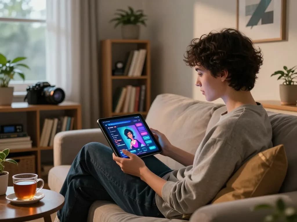 Engaging conversation scene with crush on ai displayed on a tablet in a cozy setting