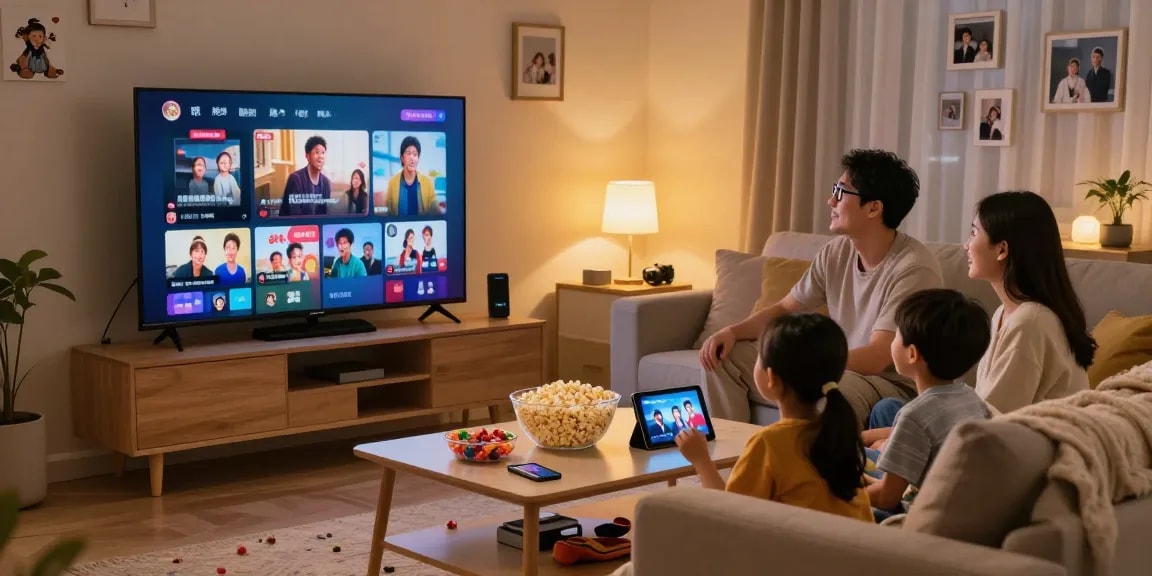 Família unida assistindo IPTV em casa com uma grande TV.