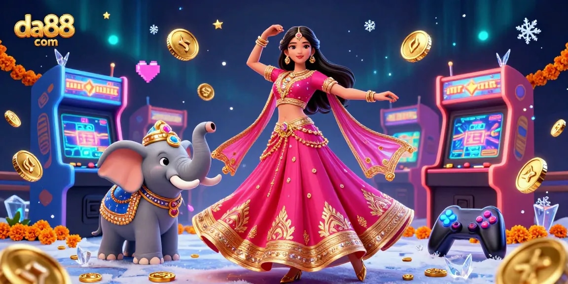 Experience casino excitement and vibrant gaming action at da88 com with a stunning illustration featuring an Asian dancer and gaming elements.