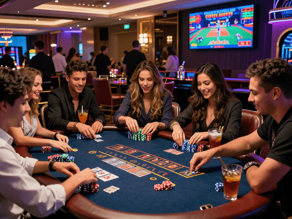 Friends enjoying a thrilling game night at vin88 casino, vibrant atmosphere with drinks and excitement.