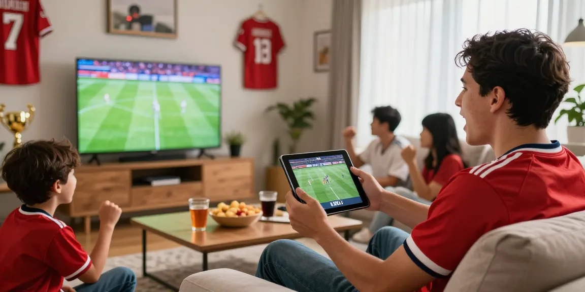 Excited sports fan watching football live on multicanais in HD, cozy setting with snacks and family.