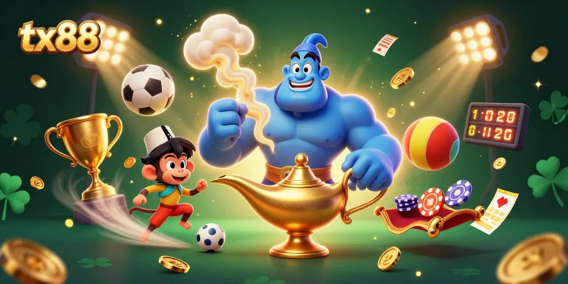 Experience thrilling gameplay with tx88, featuring a dynamic scene of a genie, monkey, and magic carpet.