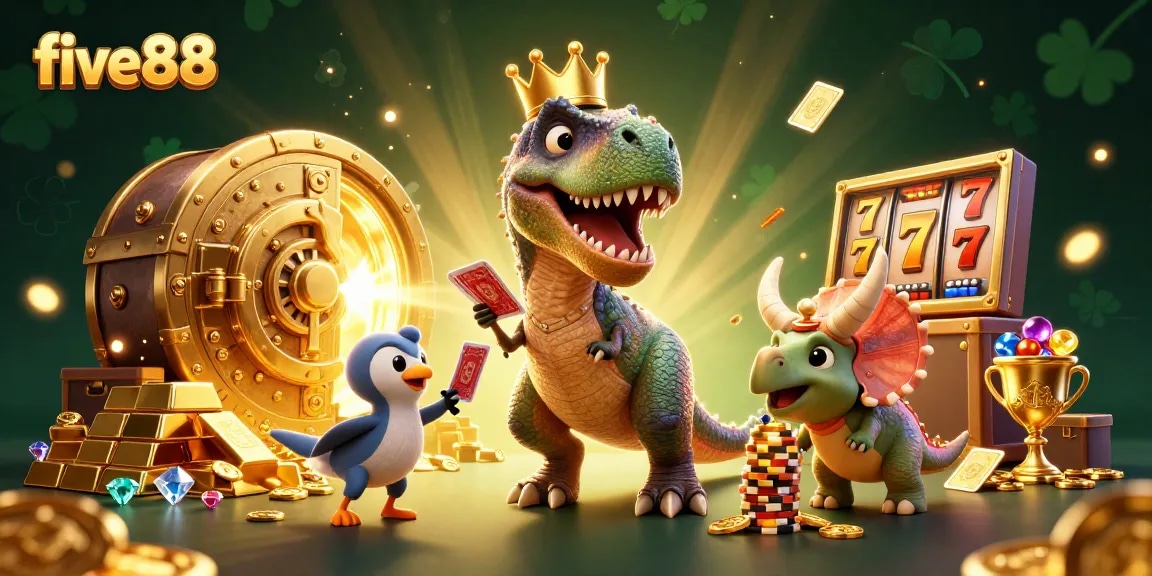 Engage in thrilling slots action with five88's vibrant 3D casino scene featuring a unique dino dealer.