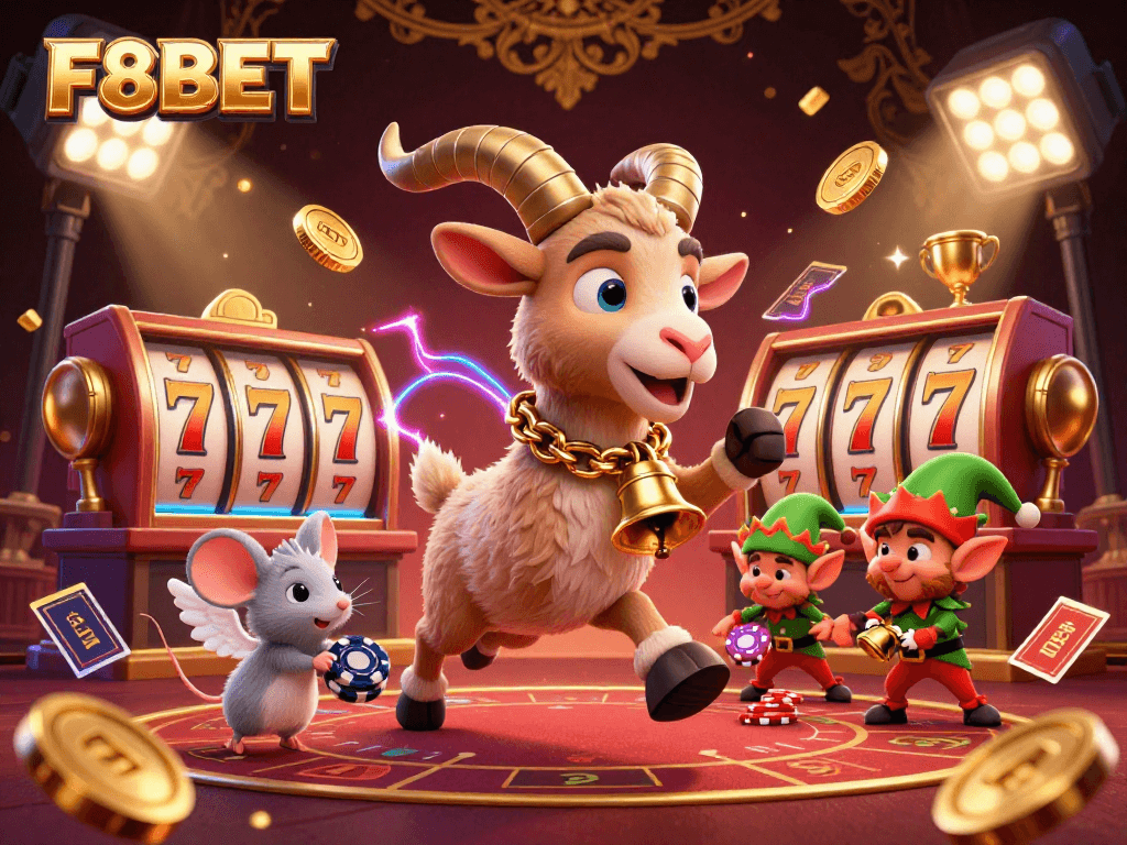 Bet on excitement with F8BET in a lively 3D casino scene filled with fun characters.