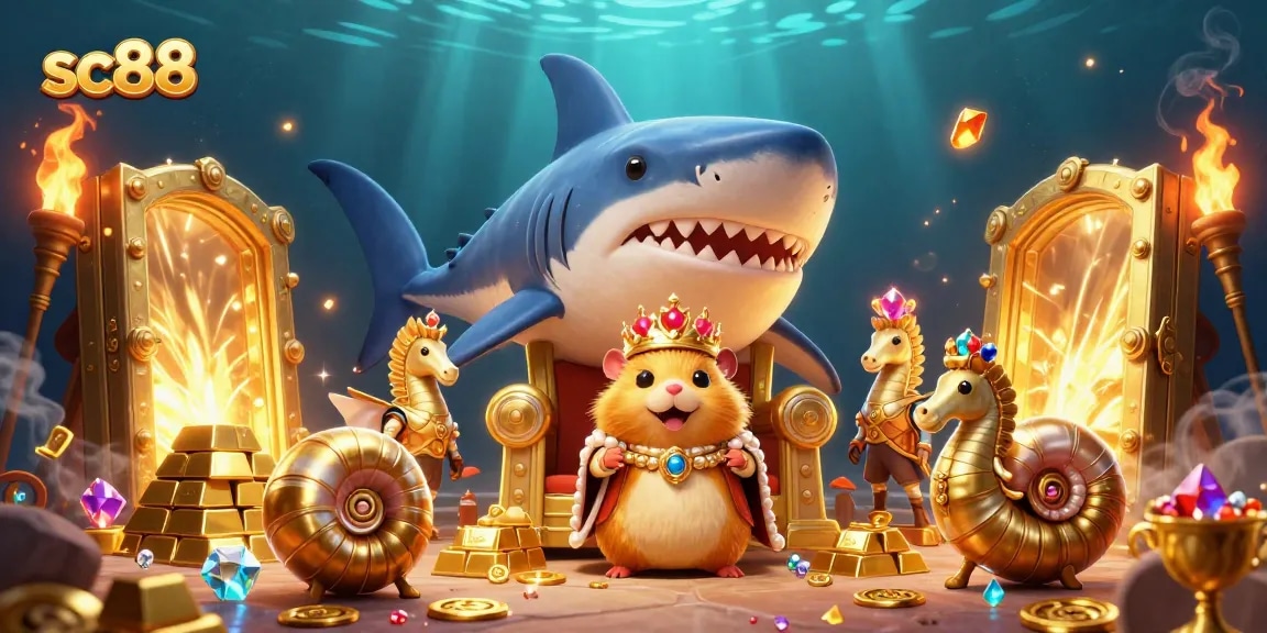 sc88 showcases an ultra-detailed scene with a golden hamster king, treasure, and lively casino elements.