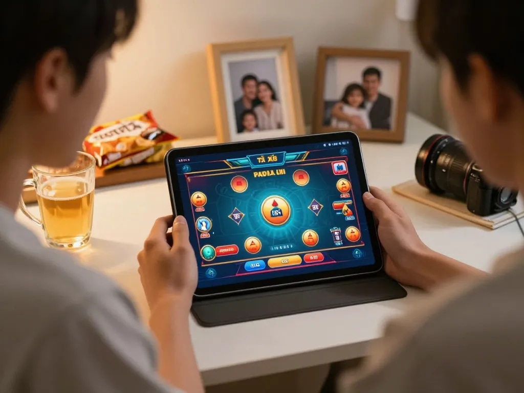 Engaging in tài xỉu online with a tablet, colorful interface showcasing a cozy gaming atmosphere