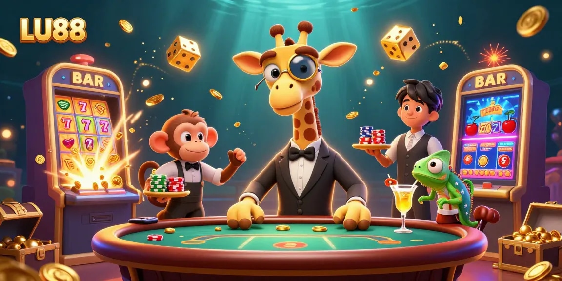 LU88 players enjoying dynamic slots with a high-roller giraffe, jackpot explosions, and exciting game features.