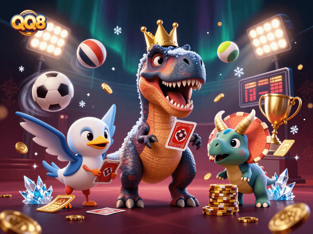 Experience the fun of QQ88 with T-Rex shuffling cards and vibrant casino elements.