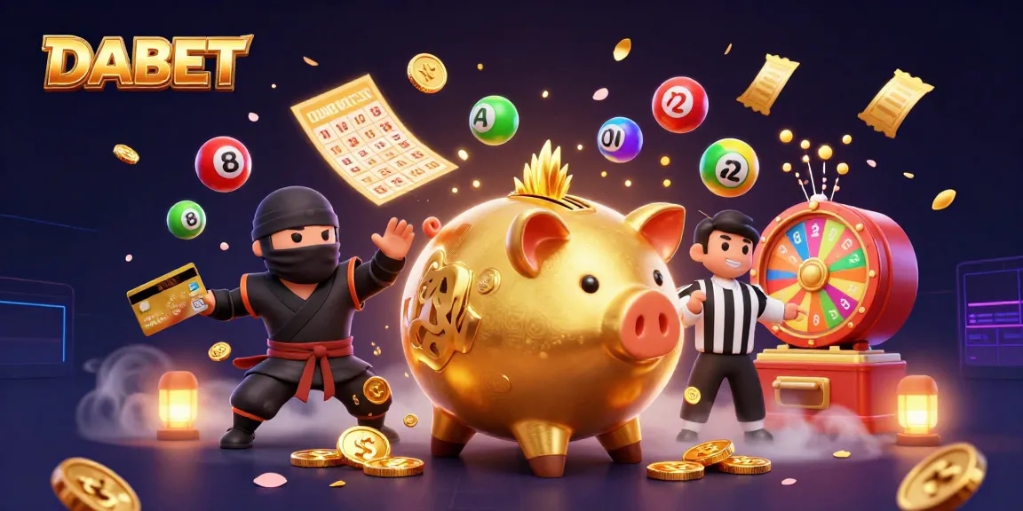 DABET offers thrilling betting experiences with a dynamic 3D scene featuring a golden piggy bank sumo wrestler, a wallet-ninja, and colorful game elements.