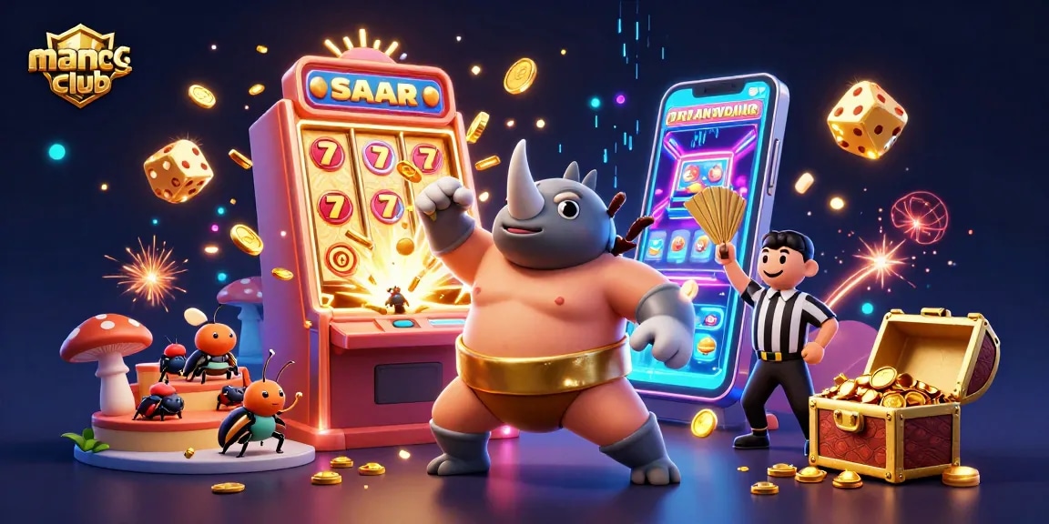 Engage in thrilling gameplay at manclub with a dynamic scene of a sumo beetle champion amidst casino elements.