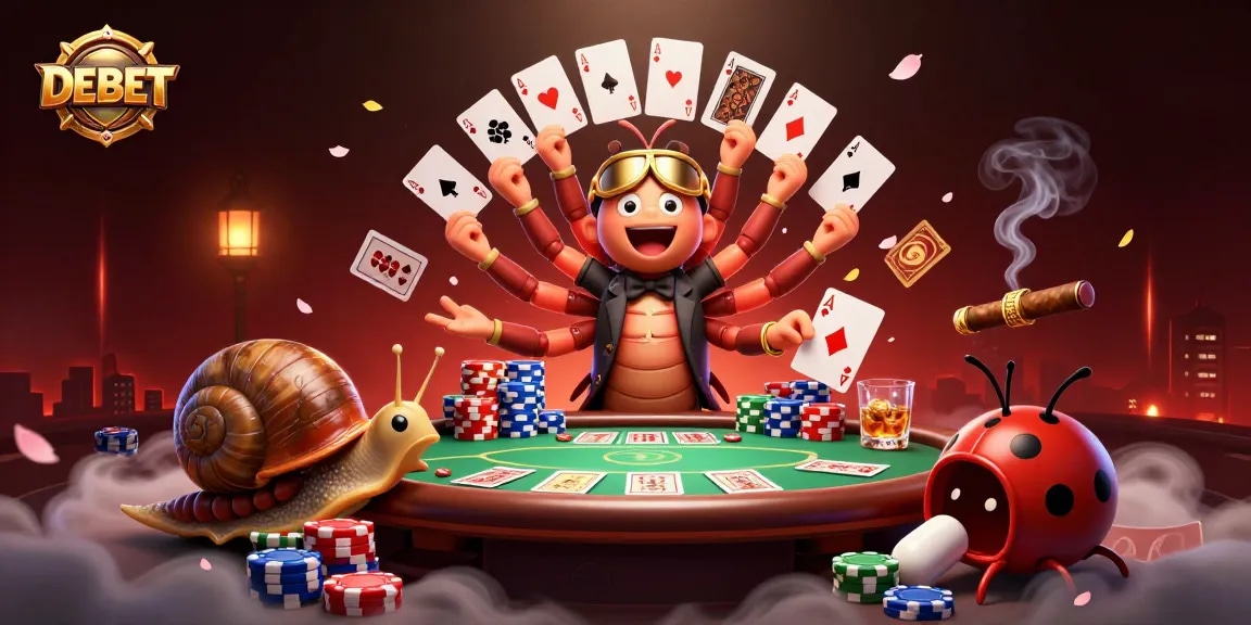 Engage with DEBET in a vibrant casino scene featuring a dynamic dealer, high-roller, and excitement-filled elements.