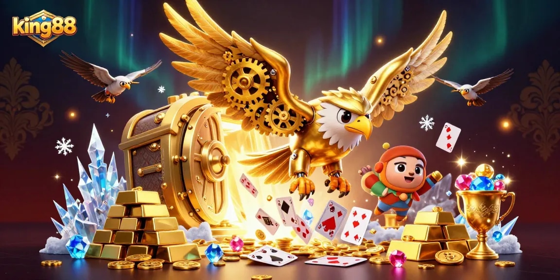 Experience the thrill of king88 with a 3D gaming adventure featuring golden treasures and vibrant casino elements.