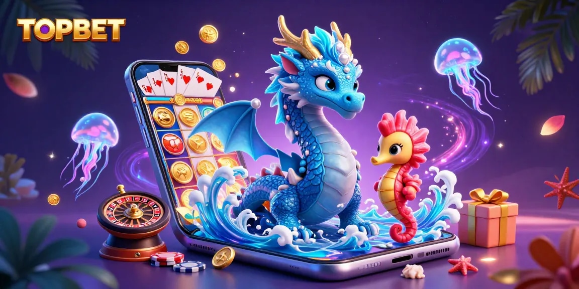 Engage with TOPBET's thrilling gaming scene featuring a majestic water dragon and casino elements.