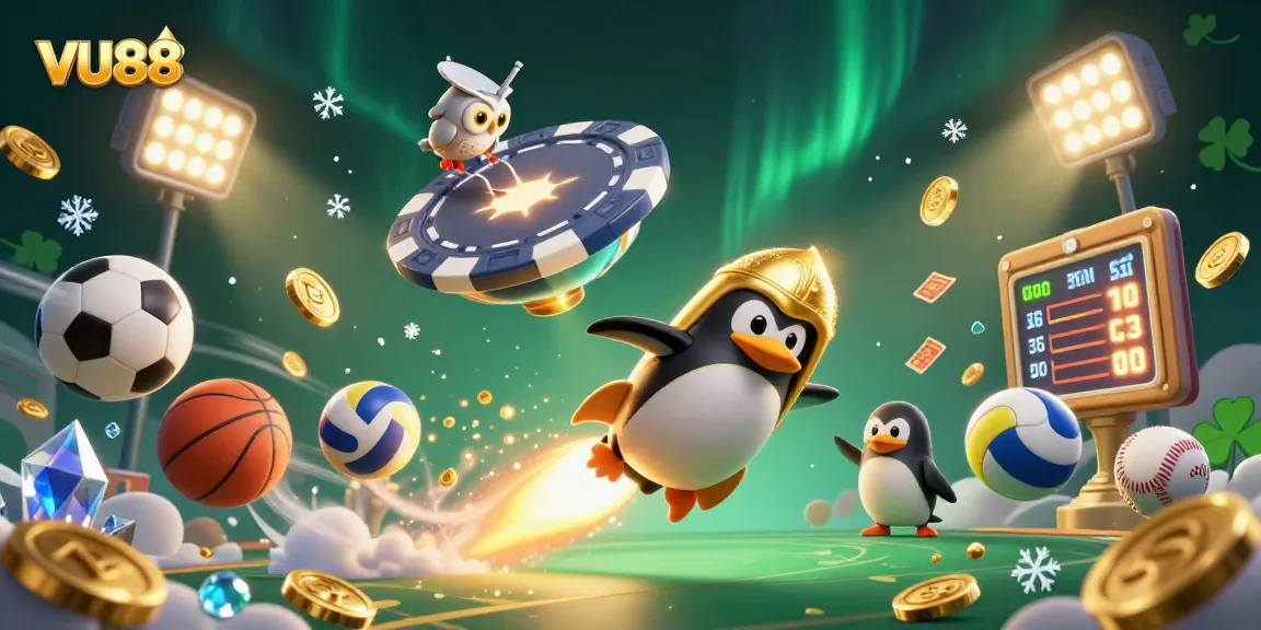 Experience VU88’s thrilling gambling adventure with a golden penguin amidst sports betting elements.