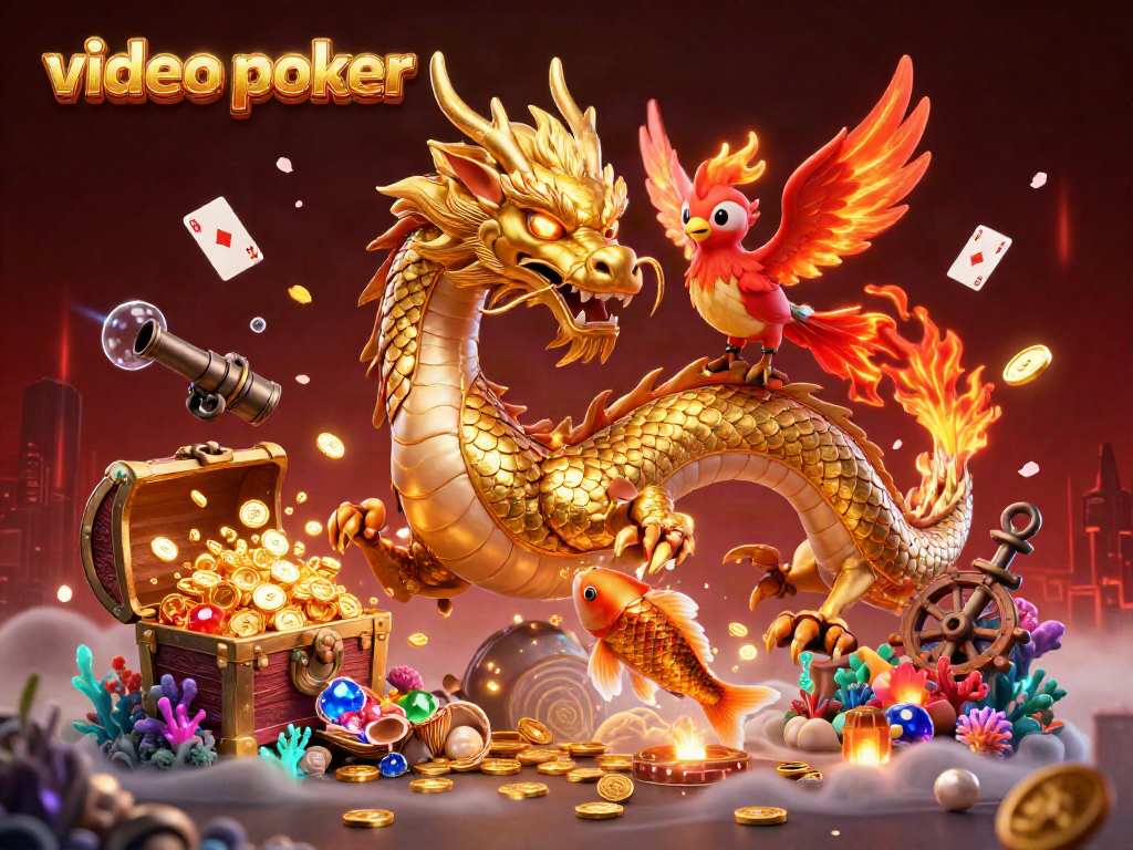 Experience thrilling video poker action with a fiery phoenix and golden dragon amidst shimmering coins.