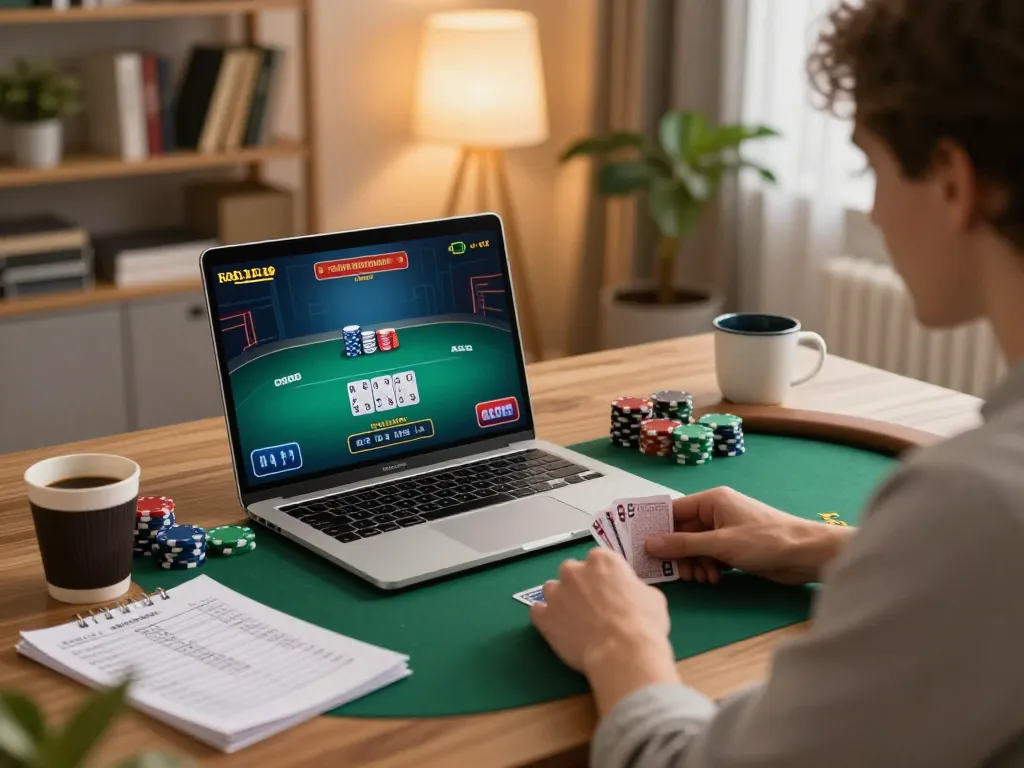 Engaged player exploring nhà cái VIC88 online poker game on a laptop with strategic notes.
