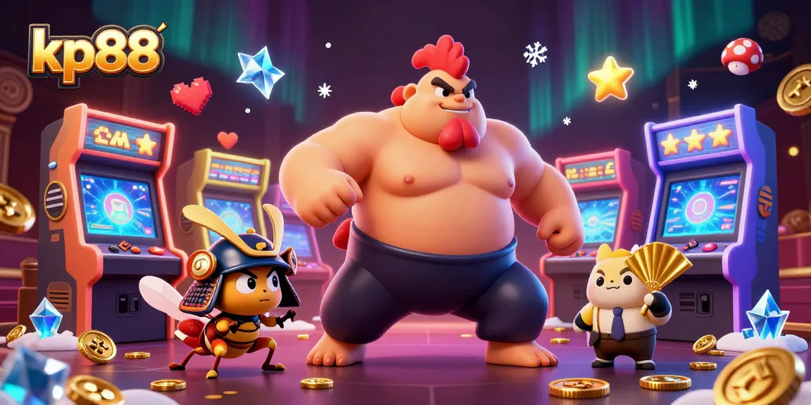 Experience the excitement of kp88 with a powerful sumo wrestler rooster, samurai cricket, and tanuki announcer in a vibrant casino scene.