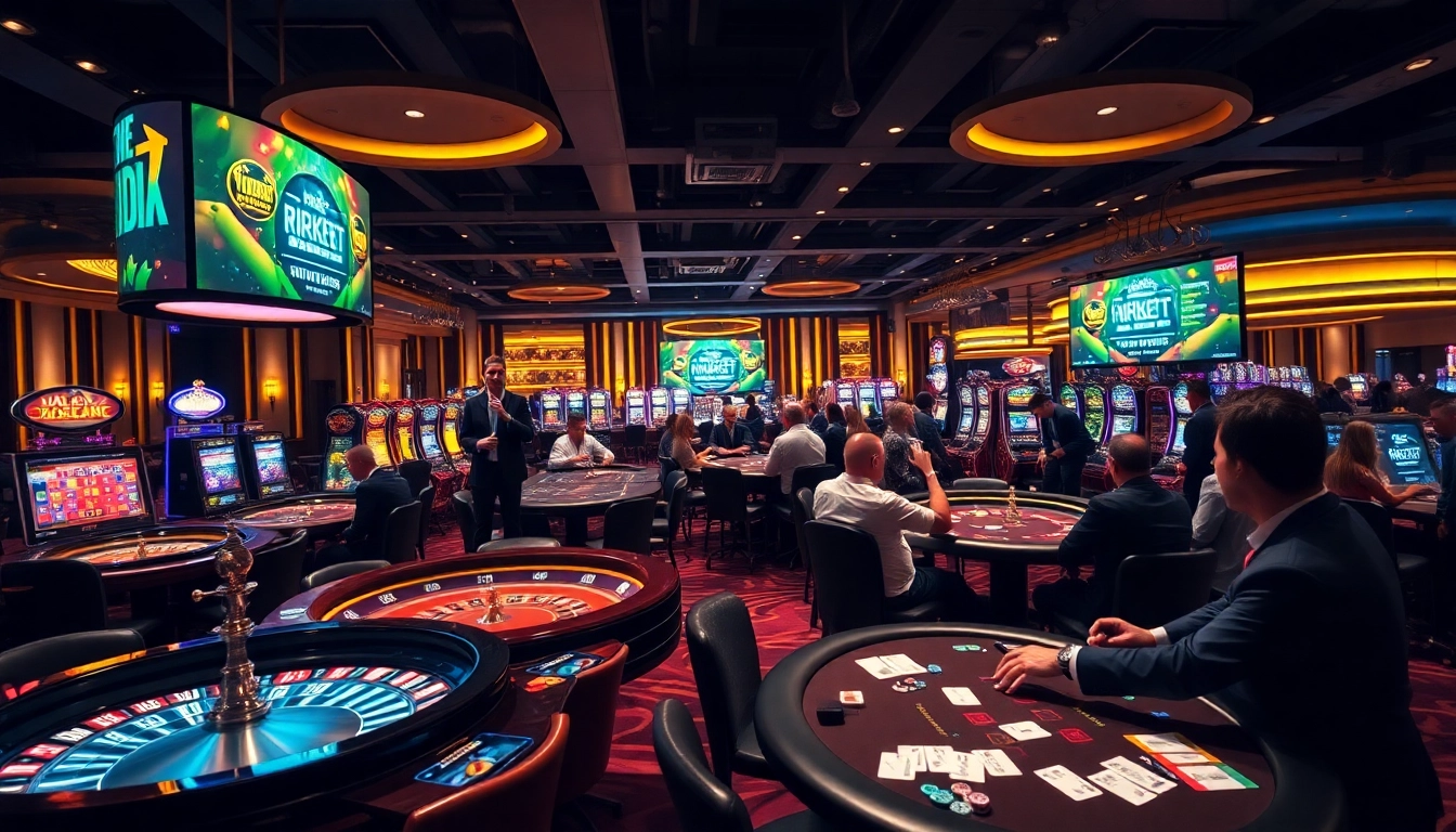 Excited players enjoying gambling action with rikbet at a luxurious casino, featuring roulette and poker tables.