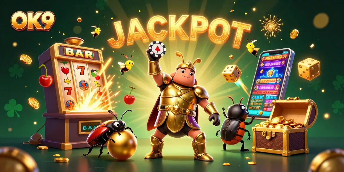 Experience thrilling jackpots at OK9 with a victorious beetle and dynamic casino elements.