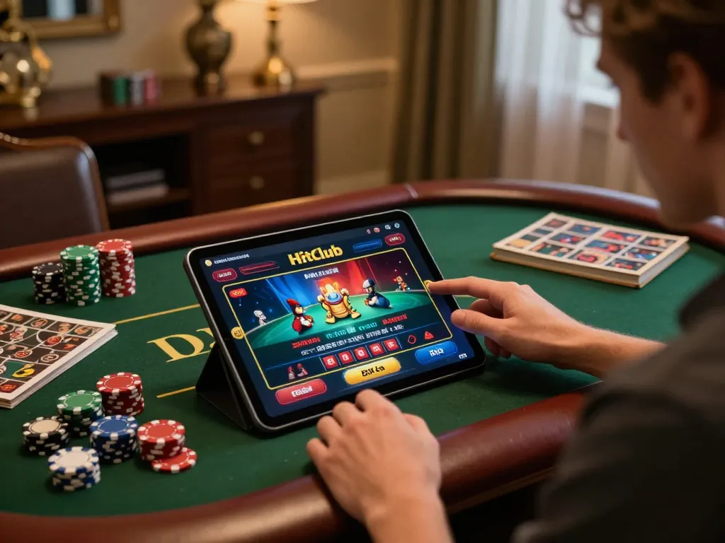 Engaging with the Hitclub gaming app on a stylish tablet in a cozy setup.