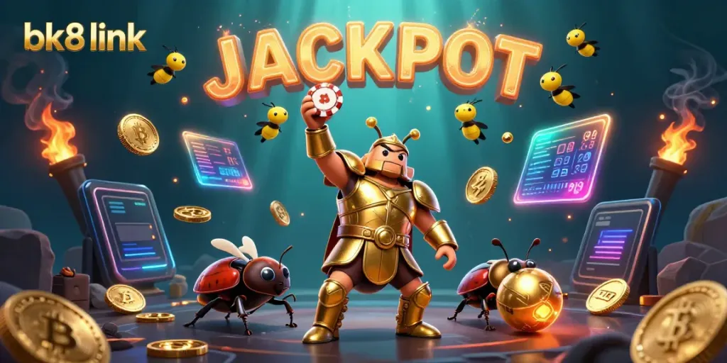 Spin and win with bk8 link: a heroic beetle lifts a poker chip amidst vibrant casino elements.
