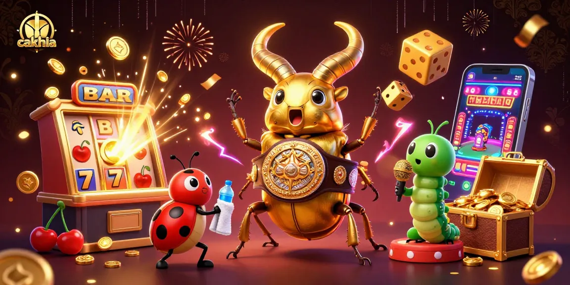 Cakhia showcases an exciting scene with a golden stag beetle boxing champion and vibrant casino elements.