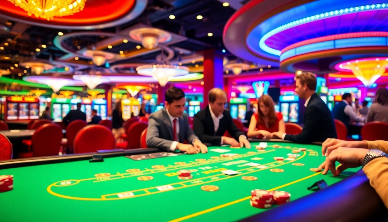 Spiele mit casinospielen.de am Blackjack-Tisch in einem lebhaften Casino-Umfeld.