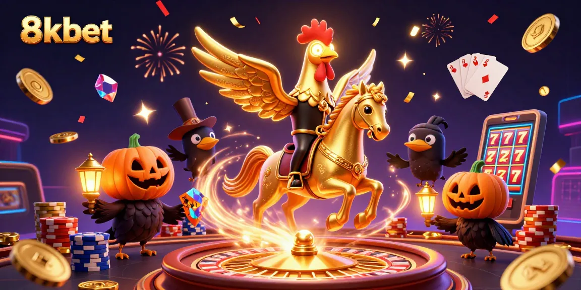 Experience the thrill of 8xbet gaming with vibrant 3D illustration featuring a golden rooster and casino elements.