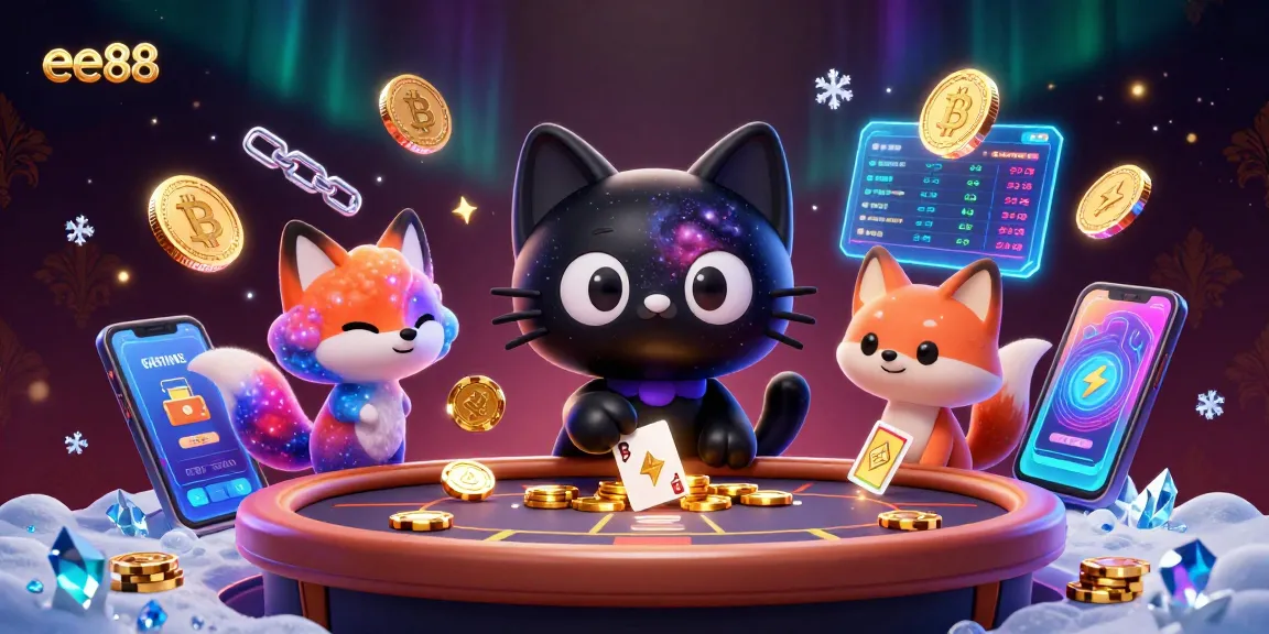 ee88 - Play and win on a vibrant cosmic casino table featuring a black hole cat and nebula fox.