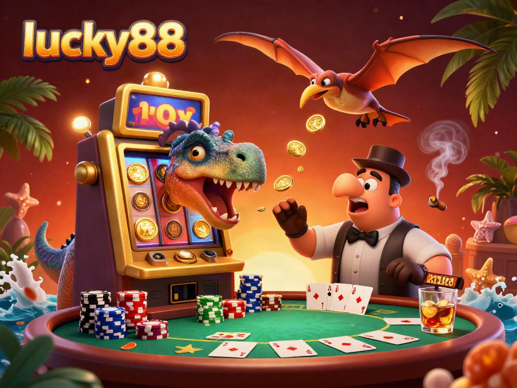 Lucky88 casino scene with dinosaurs celebrating a jackpot payout amidst colorful poker elements.