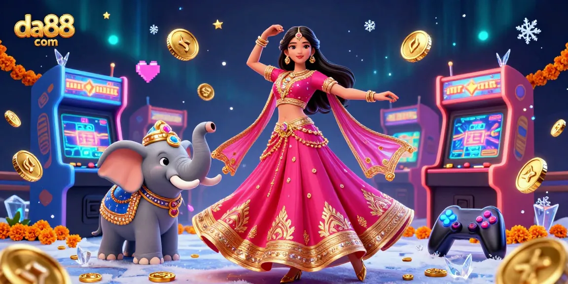 Experience casino excitement and vibrant gaming action at da88 com with a stunning illustration featuring an Asian dancer and gaming elements.