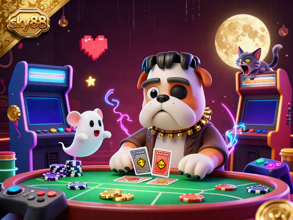 Engaging characters with sky88 brand transform gambling at a casino table with animations and vibrant colors.