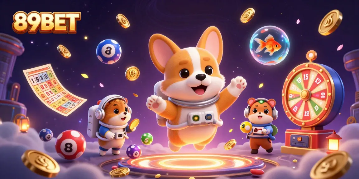 Engage with 89BET's dynamic casino experience featuring casino games, coins, and floating characters.