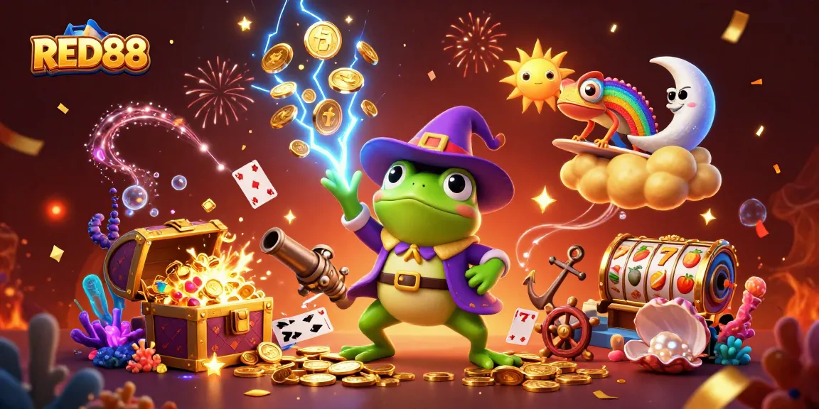 Engage with RED88's vibrant 3D casino illustration featuring exciting slot elements and whimsical characters.