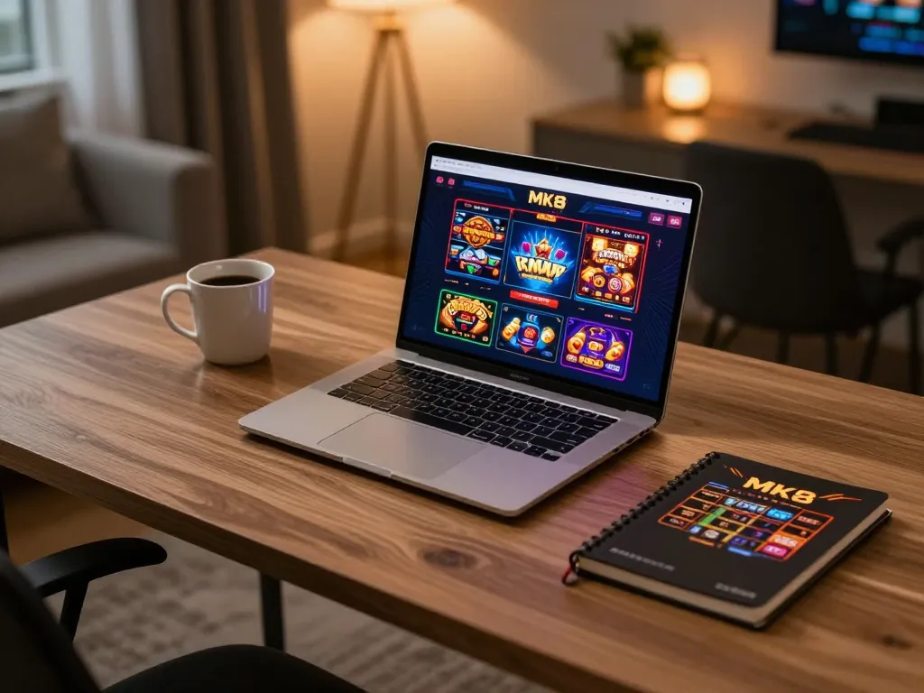 Engaging with MK8 online gaming from a stylish home office, showcasing a laptop with vibrant casino graphics.