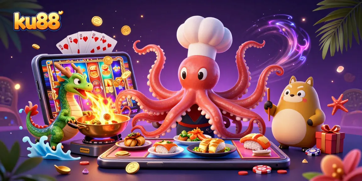 ku88 showcases a vibrant casino scene with a sushi chef octopus and thrilling slot games.