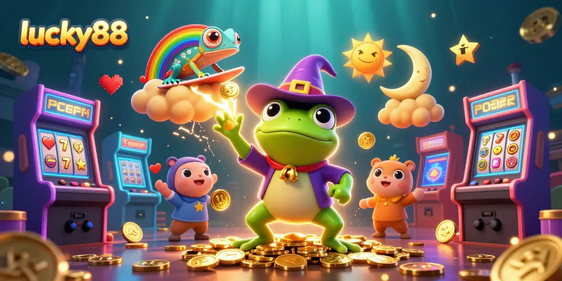 Experience lucky88's exciting gameplay with vibrant 3D characters amidst a storm of coins.