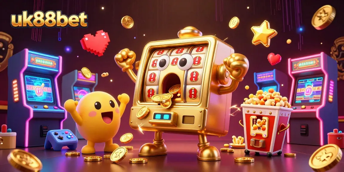 Experience excitement with uk88bet as the golden slot machine hits the jackpot, surrounded by cheering companions.
