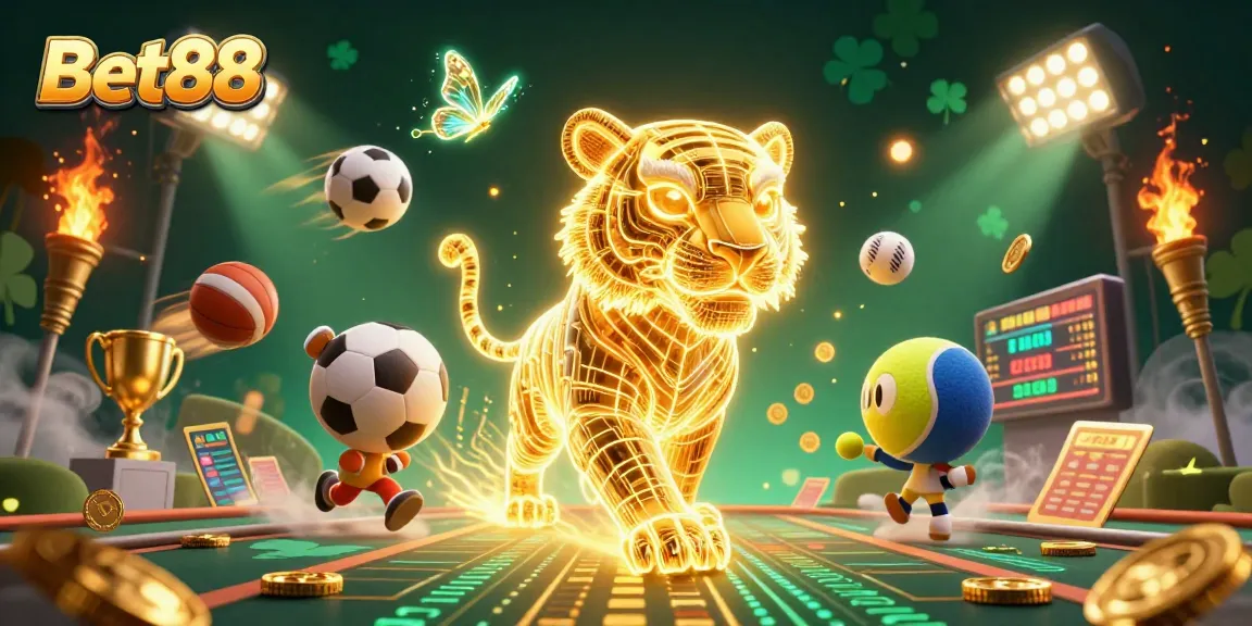 Join Bet88's exhilarating gaming world where a golden tiger leads thrilling sports action!