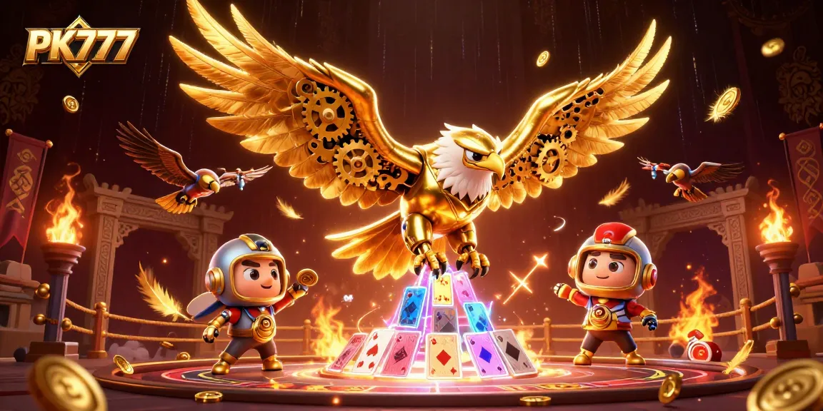 Experience thrilling gameplay at PK777 with a dynamic 3D illustration of a cybernetic eagle amidst holographic cards.