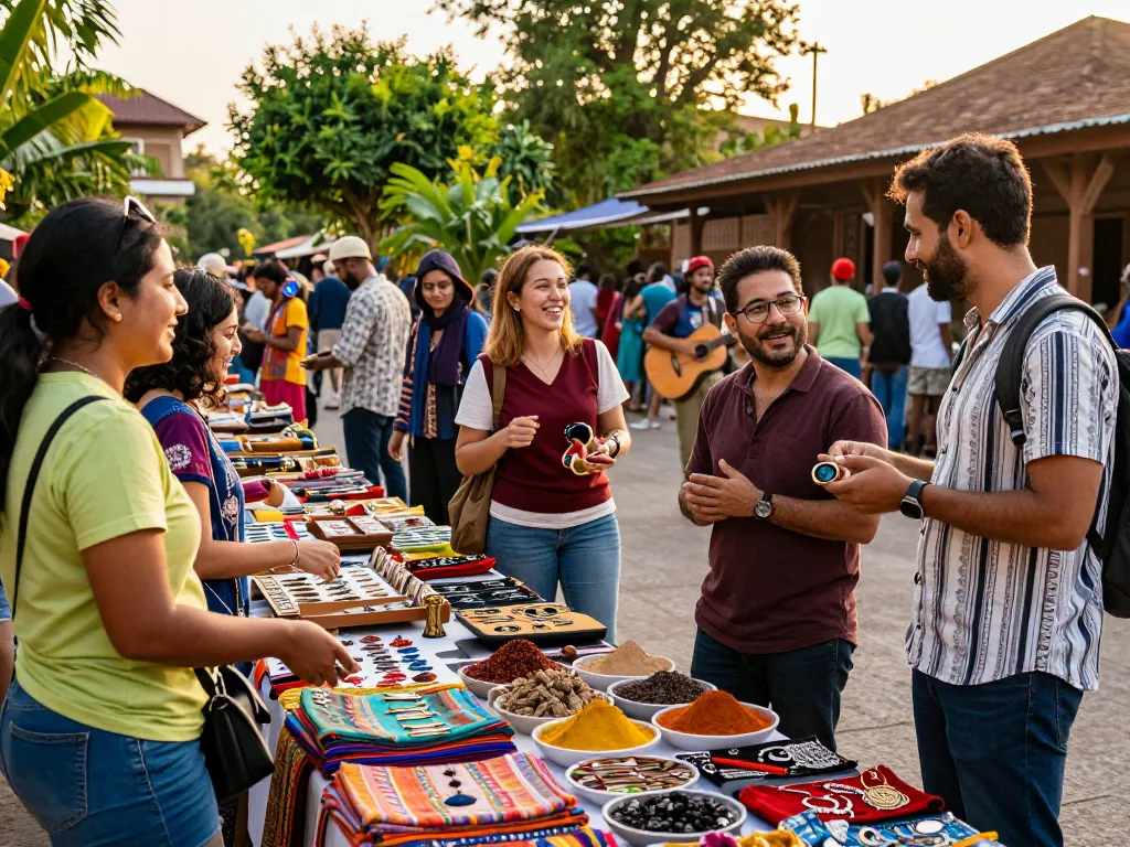Travelers exploring a vibrant marketplace showcasing traditional crafts and cultural artifacts, reflecting the essence of man88 travel experiences.