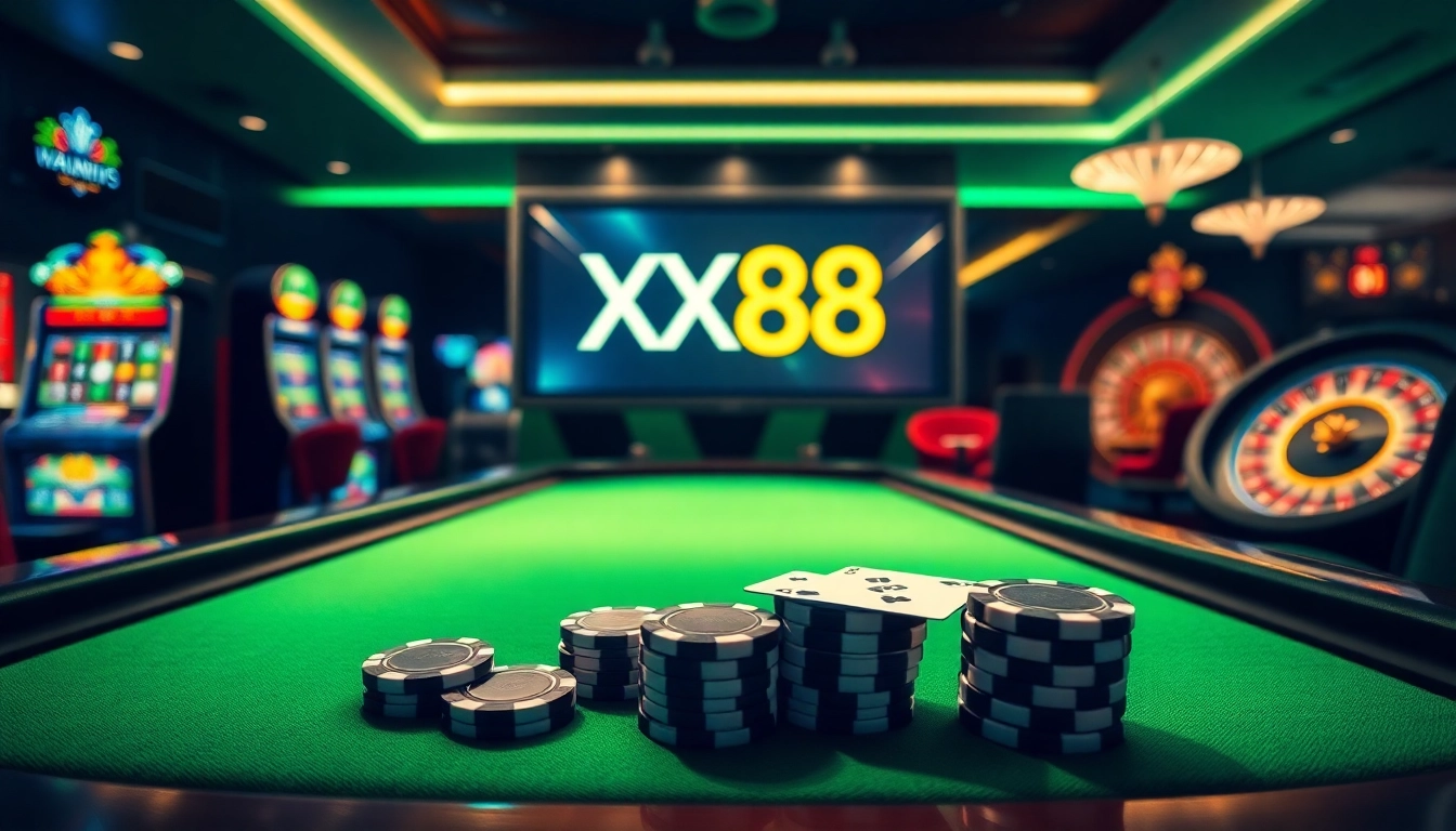 Gambling scene showcasing XX88 logo at a luxurious casino table with vibrant slot machines.