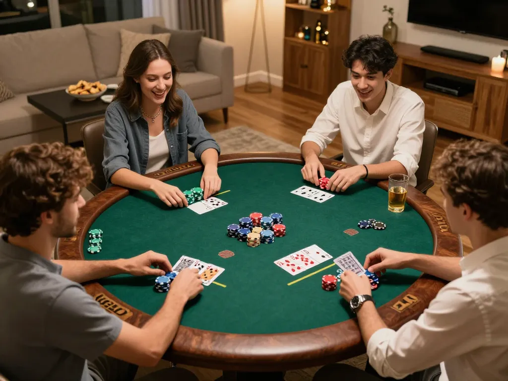 XX88 players enjoying an exciting poker game at home with vibrant chips and cards